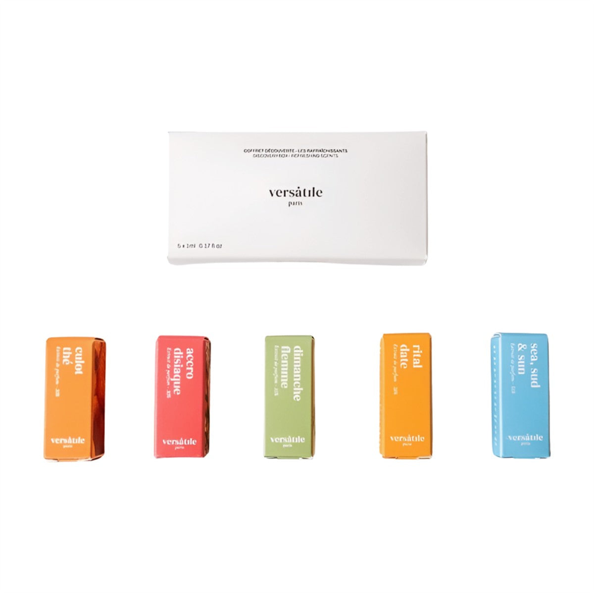 Versátile Paris Discovery Box Refreshing Scents mit fünf farbigen Sprühfläschen à 1ml vor weißem Hintergrund, Parfüm.