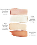 Color swatches of luminizers and bronzer: rosé, light, champagne, and warm brown.