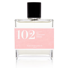 Bon Parfumeur 102: Tea perfume bottle with pink label and black cap on white background, fragrance