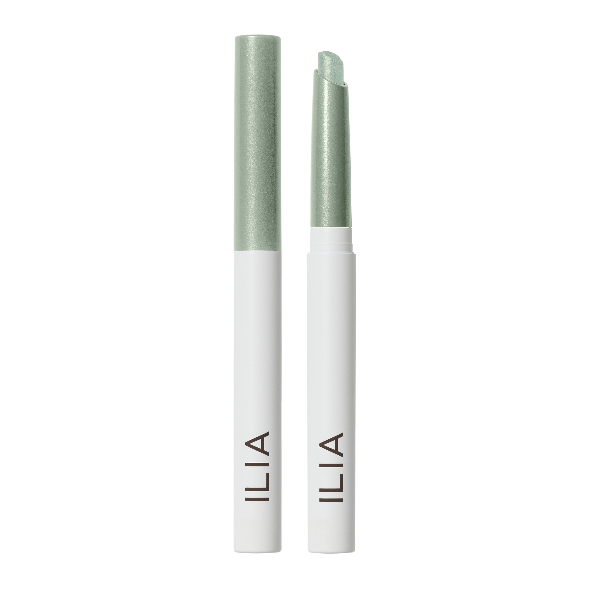 ILIA Eye Stylus Shimmer, light green pencil with white casing on a white background, eye makeup.