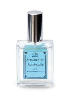 Aqua di Alto Aftershave – clear glass bottle with silver cap, light blue label, white background – shaving care
