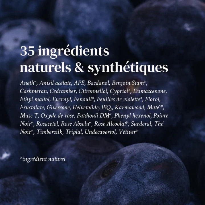 Accrodisiaque Roll-on Perfume Oil ingredients list against a dark blue background, fragrance oil