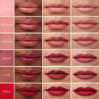 Matte Naturally Liquid Lipstick – Farbpalette mit sechs Nuancen auf Lippen, weißer Hintergrund – Lippenstift