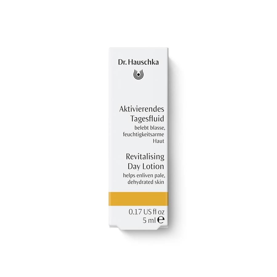 Dr. Hauschka Revitalising Day Lotion – 5 ml sample size, white box with gold stripe, white background – skin care