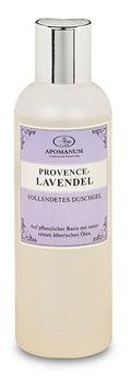 Apomanum Provence-Lavendel Duschgel – cremefarbene Flasche mit silbernem Deckel, lila Etikett, weißer Hintergrund – Hautpflege