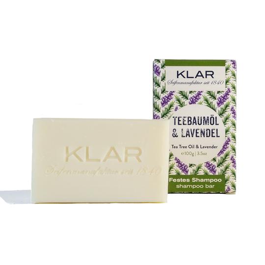 KLAR Solid Shampoo Tea Tree Oil & Lavender – 100g, cream-colored bar with packaging, white background – hair care