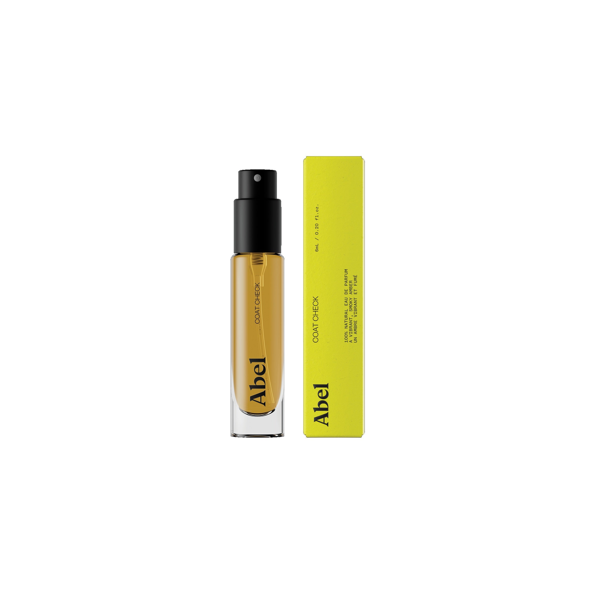 Abel Coat Check Eau de Parfum – clear spray bottle 6ml, black cap, yellow box, white background – perfume