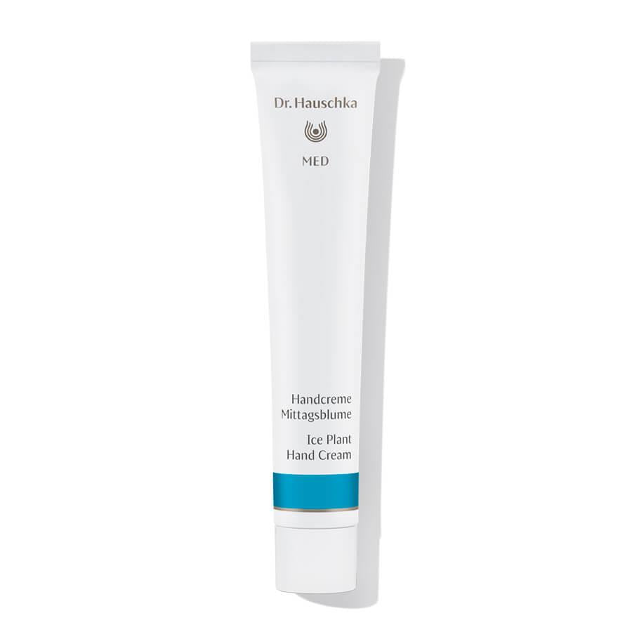 Dr. Hauschka MED Ice Plant Hand Cream – white tube with blue stripe, white cap, white background – skin care
