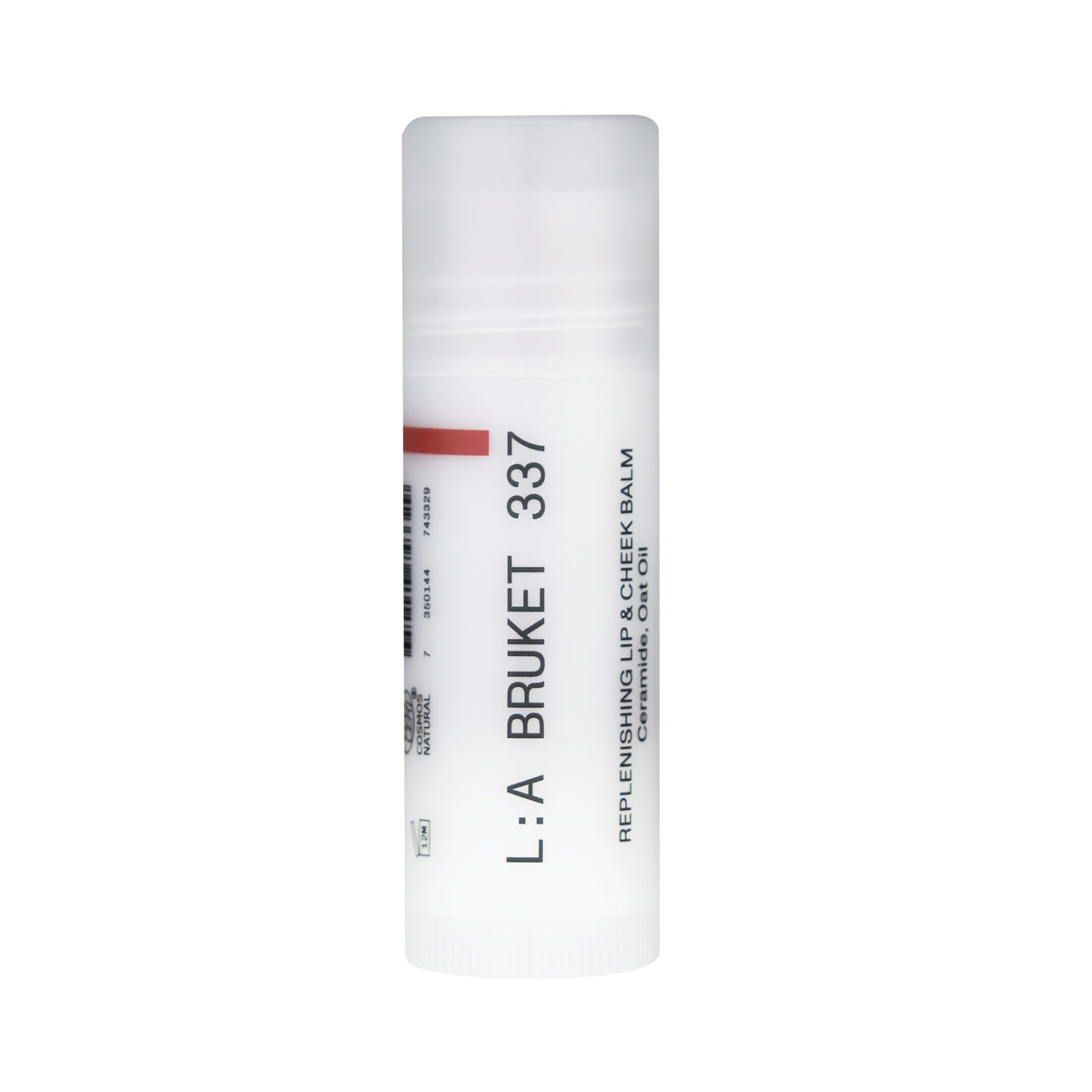 L:A BRUKET Replenishing Lip & Cheek Balm in einem weißen Stick mit schwarzer Aufschrift.