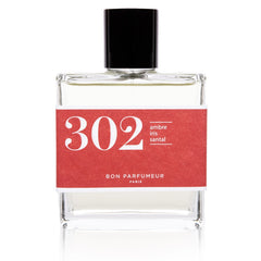 Bon Parfumeur 302 Amber – clear glass bottle with red label, black cap, white background – perfume