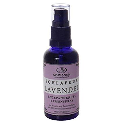 Schlafkur Lavendel – purple spray bottle with black atomizer, white background – relaxation spray