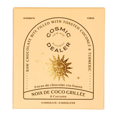 Cosmic Alchemy Dealer chocolate box – cream color, 4 pieces, gold sun print, white background – health snack