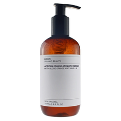 Evolve Organic Beauty African Orange Aromatic Wash, brown pump bottle, 250ml, white background, skin care