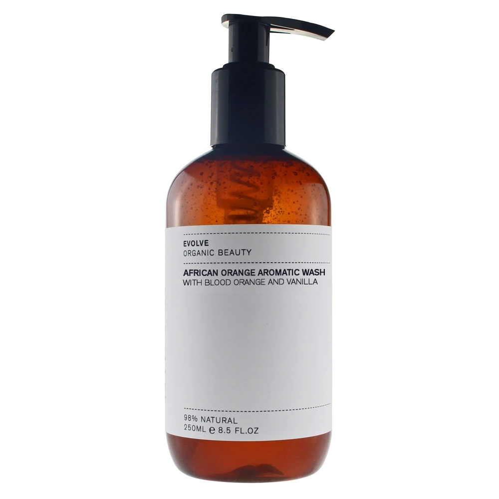 Evolve Organic Beauty African Orange Aromatic Wash, brown pump bottle, 250ml, white background, skin care