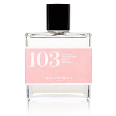 Bon Parfumeur 103 Tiaré fragrance in a glass bottle with black cap and pink label on a white background.