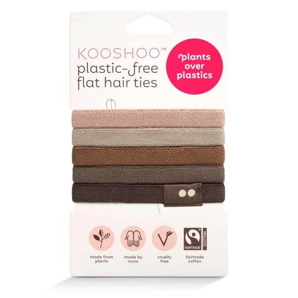 KOO SHOO Plastic Free Flat Hair Ties Earth Tints – white cardboard pack, earthy tones, white background – hair care