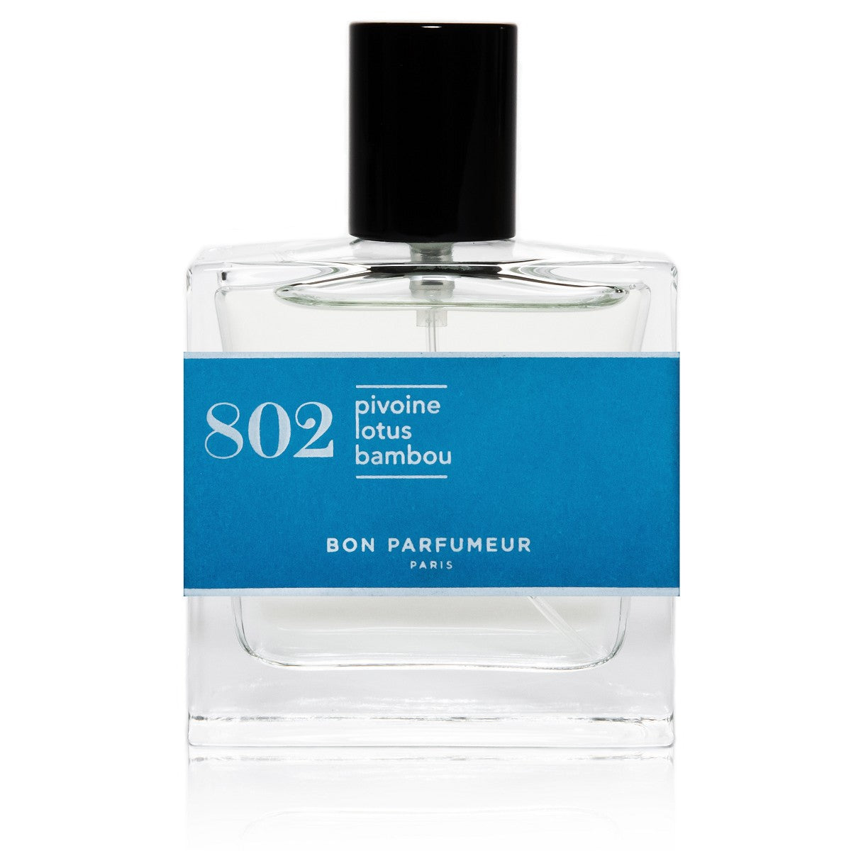 Bon Parfumeur 802 Peony – klares Glasfläschchen 30ml, schwarzer Verschluss, blauer Etikett, weißer Hintergrund – Parfüm