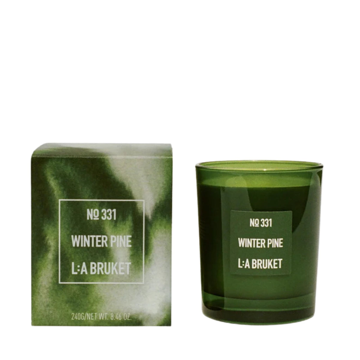 L:A BRUKET No. 331 Winter Pine scented candle in a green glass jar with matching cardboard box, 240g.