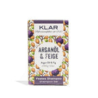 KLAR Festes Shampoo Arganöl & Feige – 100g, lila-weiße Verpackung mit Nüssen und Feigen, weißer Hintergrund – Haarpflege