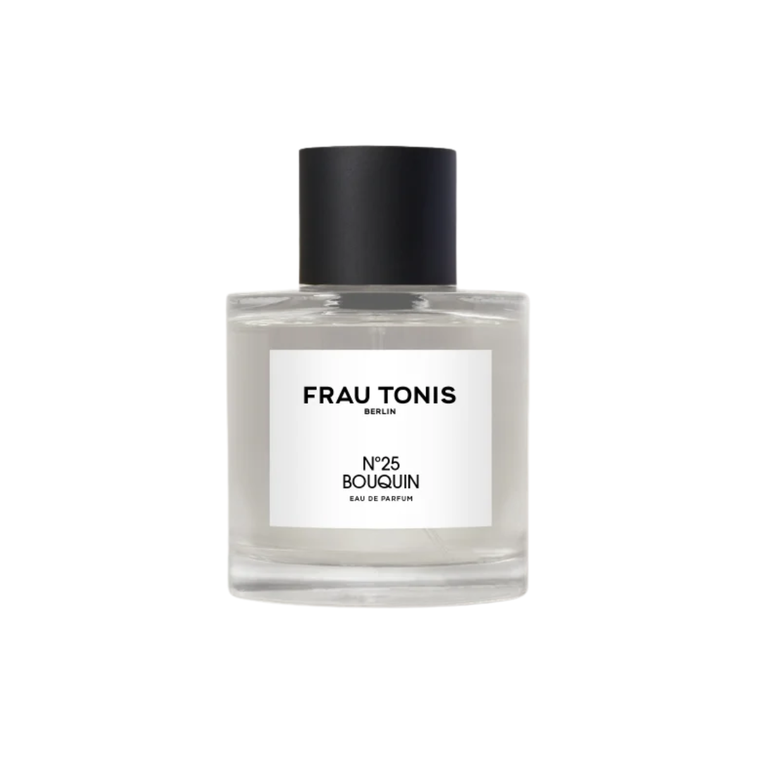 Frau Tonis N°25 Bouquin Eau de Parfum – klares Glasfläschchen mit schwarzem Deckel, weißem Etikett und Hintergrund – Parfüm