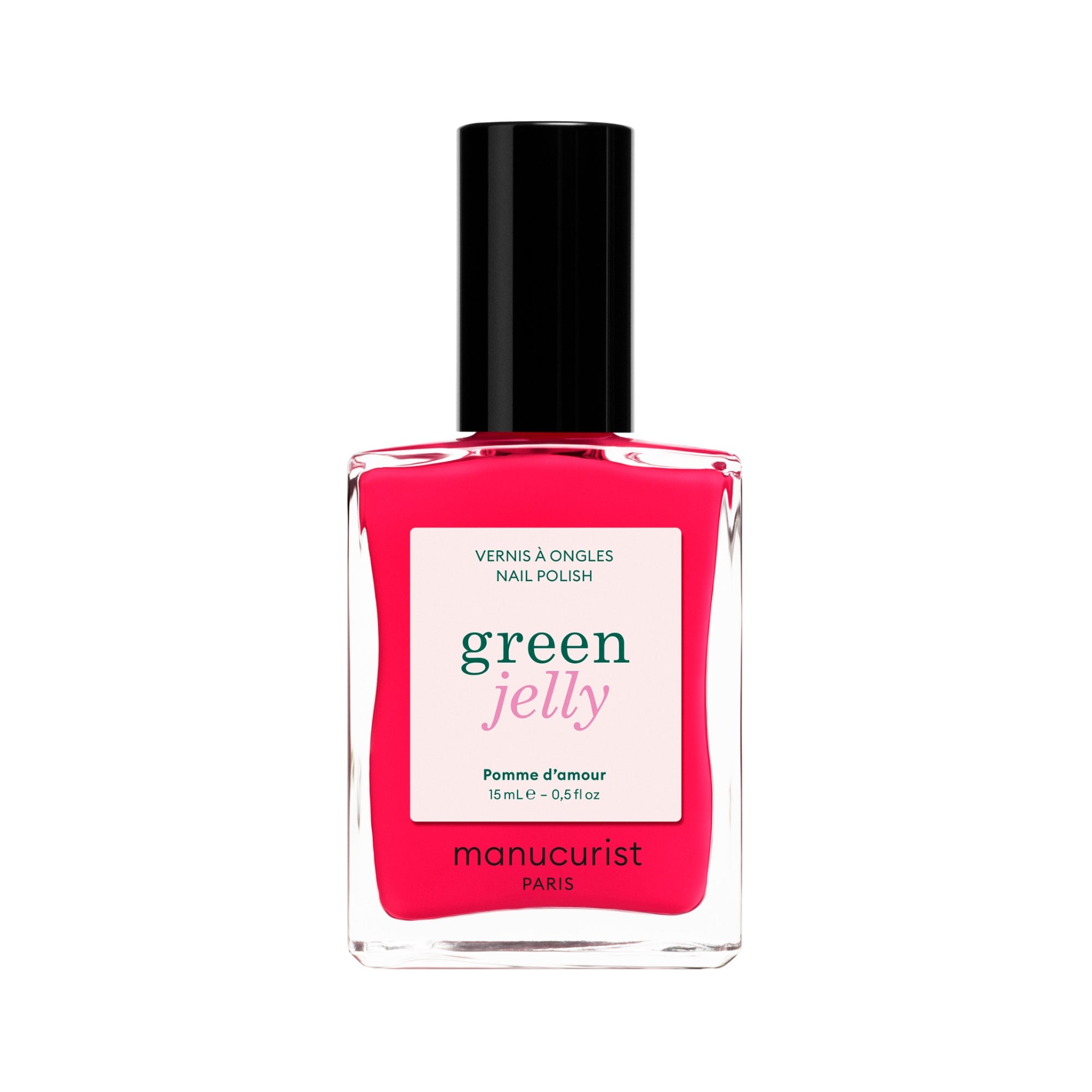 Manucurist Paris Jelly Nagellack in Pink, Glasflasche mit schwarzem Verschluss auf weißem Grund, Nagellack