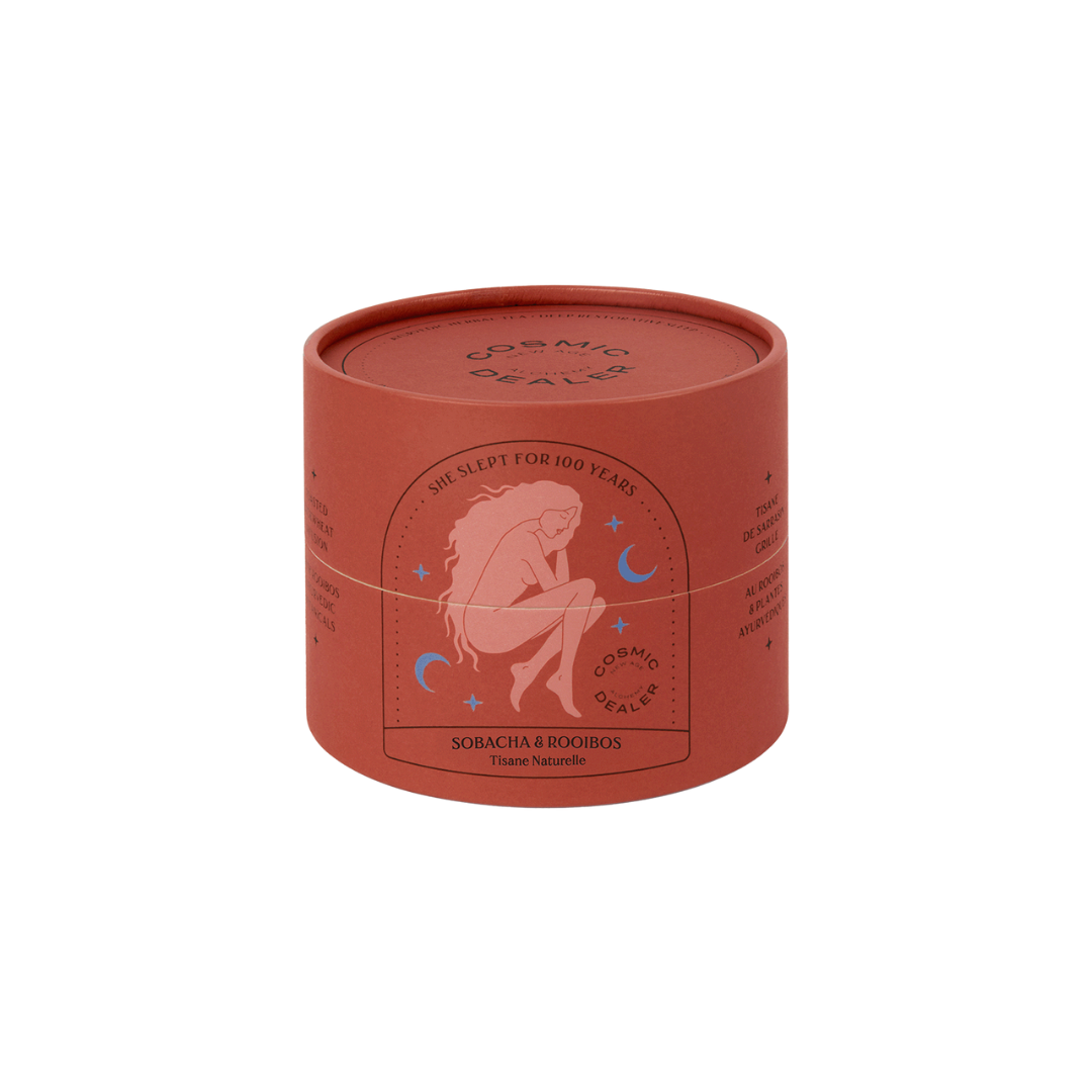Cosmic Dealer She Slept for 100 Years Tea – terracotta cylinder packaging, white background – wellness tea