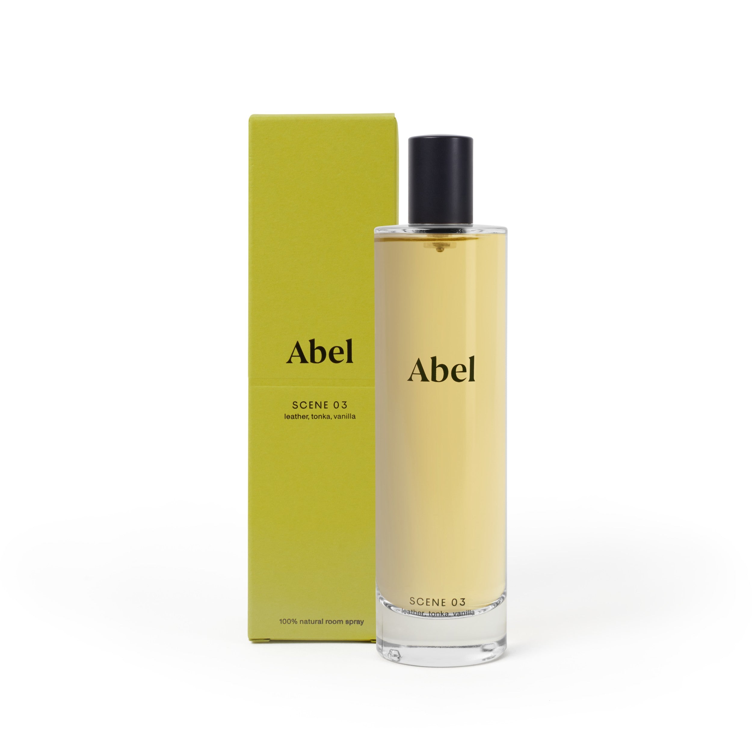 Abel Scene 03 Leather, Tonka, Vanilla – clear glass spray bottle with black nozzle, green box, white background – room spray