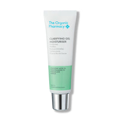 The Organic Pharmacy Clarifying Gel Moisturiser in einer Tube mit silbernem Verschluss auf weißem Grund, Hautpflege