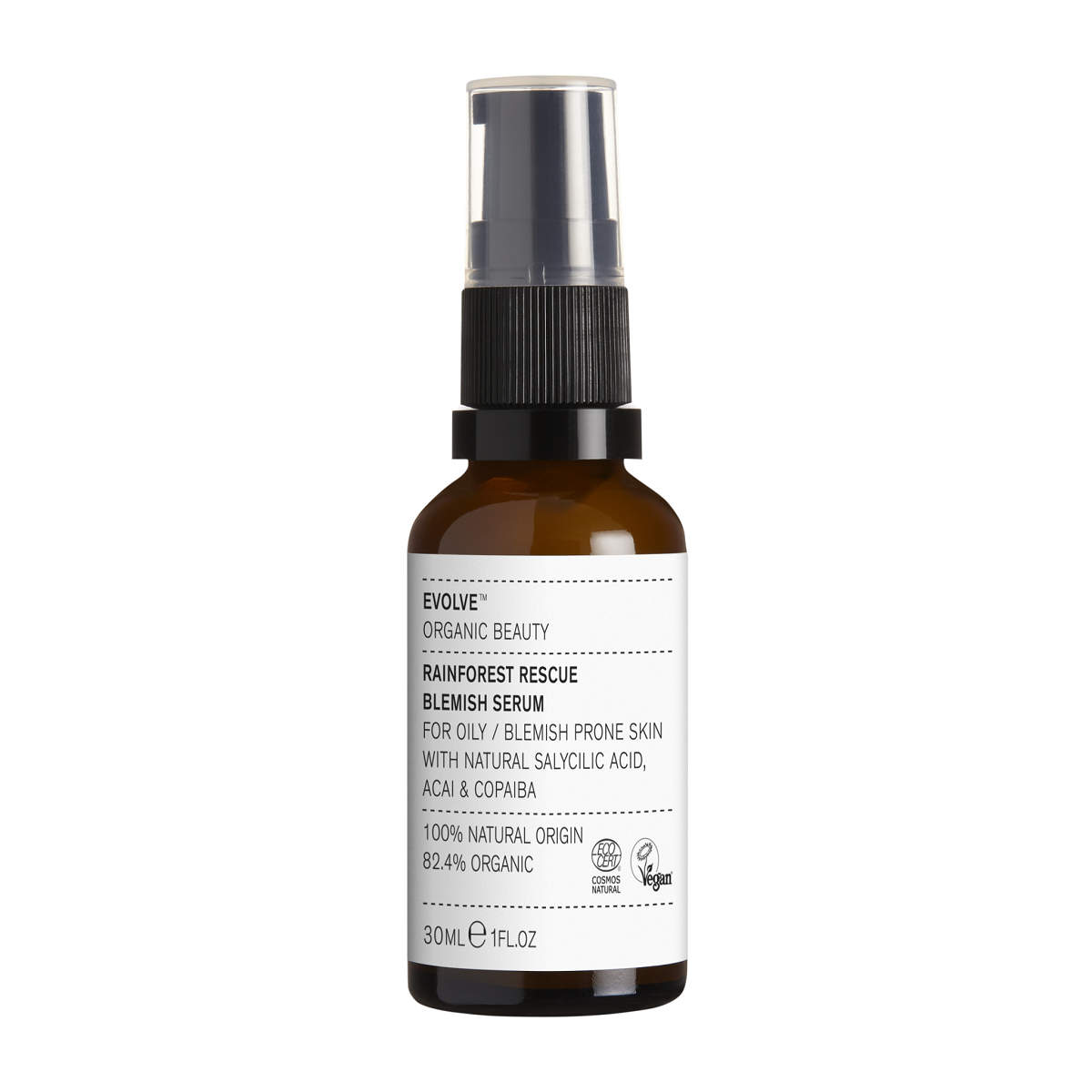Evolve Organic Beauty Rainforest Rescue Blemish Serum in einer braunen 30ml Flasche mit Pumpspender für die Hautpflege.