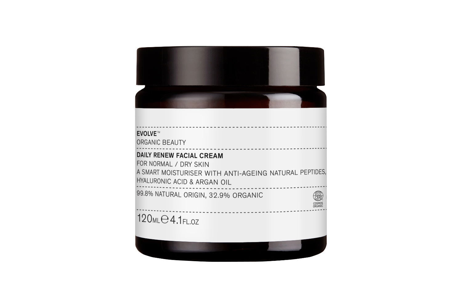 Evolve Daily Renew Facial Cream im braunen Glastiegel mit schwarzem Deckel, 120ml, Hautpflege