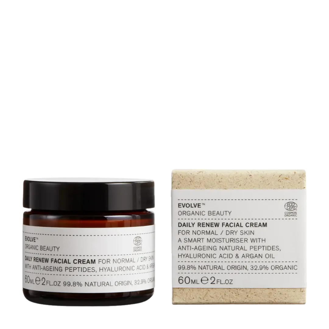 Evolve Daily Renew Facial Cream im braunen Glastiegel mit schwarzem Deckel, 60ml, Hautpflege
