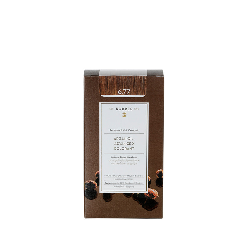 KORRES Argan Oil Advanced Colorant Gianduja 6.77 – brown cardboard box, white background – hair color
