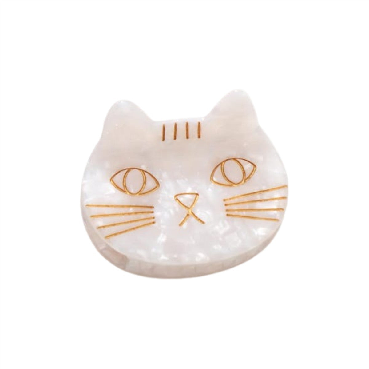 Haarklammer Saltwater Kitty Cat Weiß – katzenförmige Haarspange aus Perlmutt mit Goldakzenten, weißer Hintergrund – Haaraccessoires