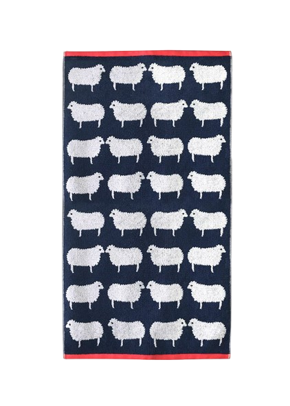 Sheep Organic Cotton Badelaken – dunkelblau mit weißen Schafen, roter Bordüre, weißem Hintergrund – Strandtuch