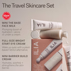 ILIA Travel Skincare Set – cremefarbene Tubes und Flasche, rosafarbener Karton, neutraler Hintergrund – Hautpflege