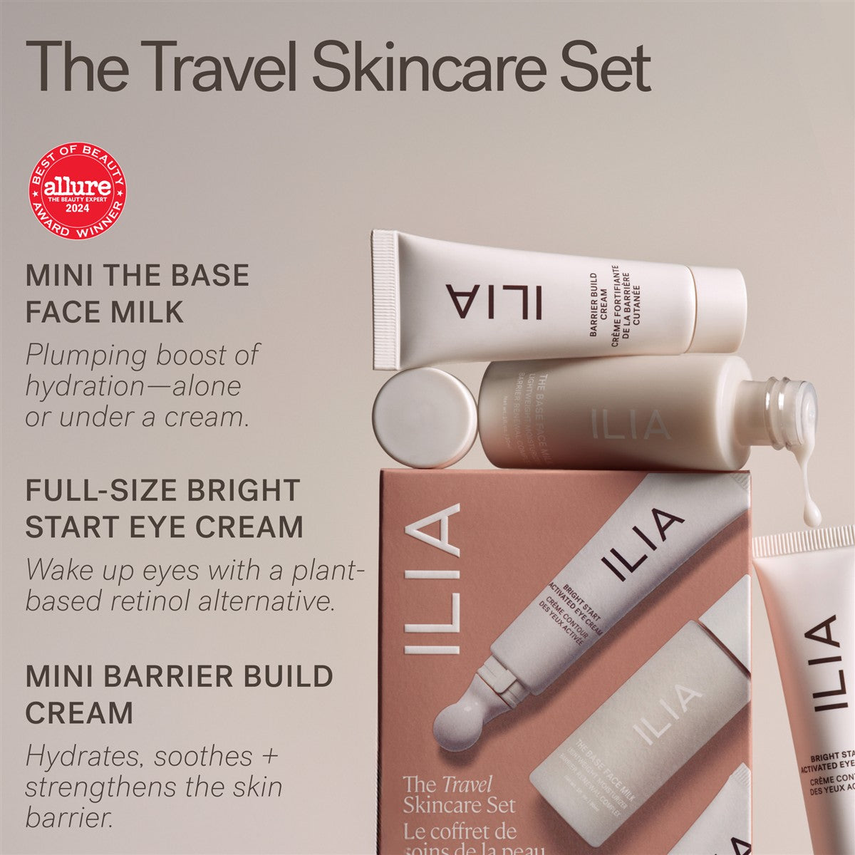 ILIA Travel Skincare Set – cremefarbene Tubes und Flasche, rosafarbener Karton, neutraler Hintergrund – Hautpflege