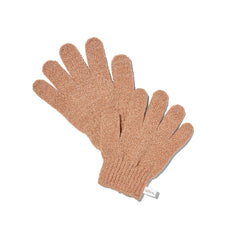 Two peach-colored Nateur Body Scrub Gloves on a white background for skin care.