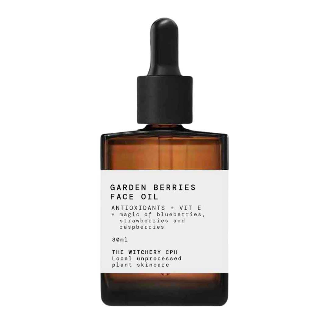 The Witchery CPH Garden Berries Face Oil in einer braunen Glasflasche mit Pipette vor weißem Hintergrund, Hautpflege