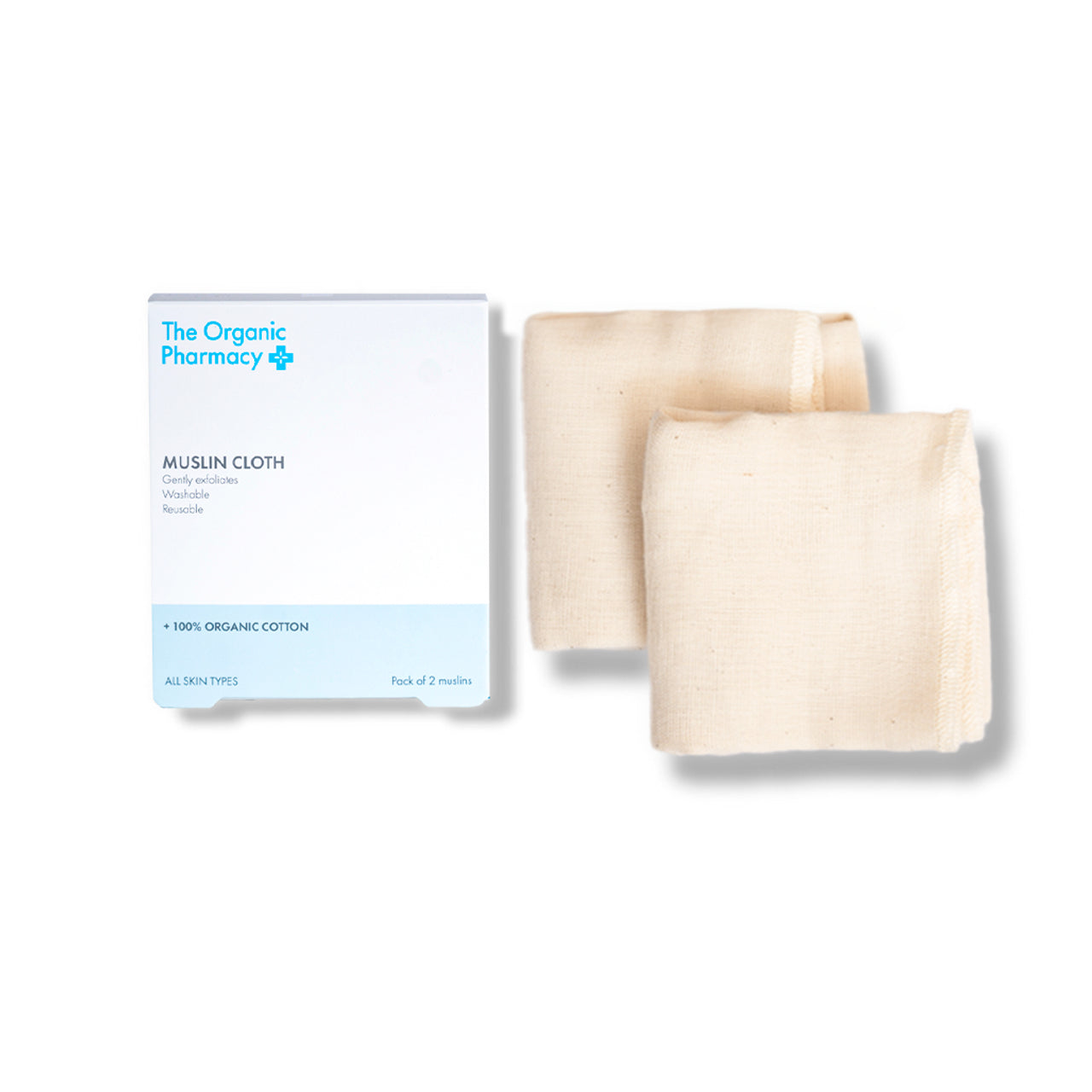 The Organic Pharmacy Organic Muslin Cloth Duo: two cream cloths in white packaging for skin care.