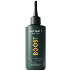 MÁDARA 3 Minute Growth Boost scalp treatment in a dark green bottle with an applicator tip.