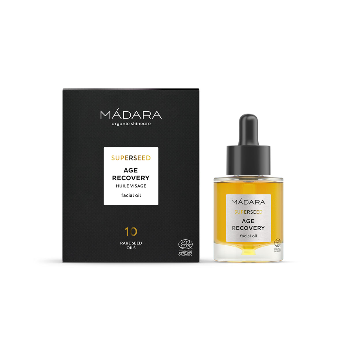 Mádara Superseed Beauty Oil Age Recovery facial oil in a glass bottle with dropper and black cardboard box.