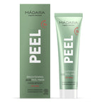 Mádara Peel Brightening AHA Mask, face mask in a green tube and green cardboard box.