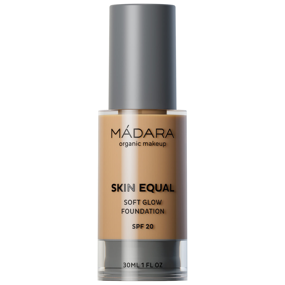 MÁDARA Skin Equal Soft Glow Foundation in einer Flasche mit grauem Verschluss, 30 ml mittlere hautton