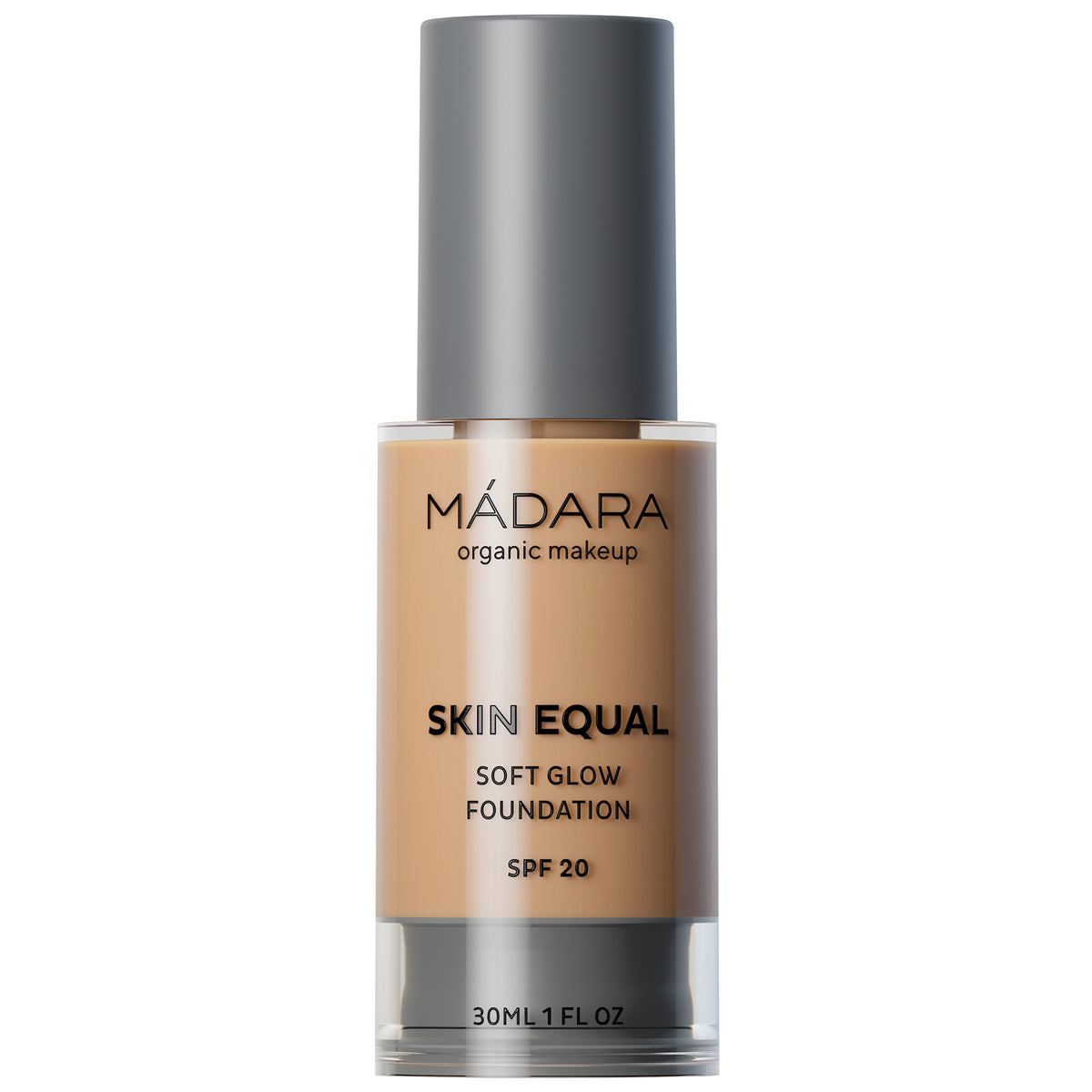 MÁDARA Skin Equal Soft Glow Foundation in einer Flasche mit grauem Verschluss, 30 ml, light medium