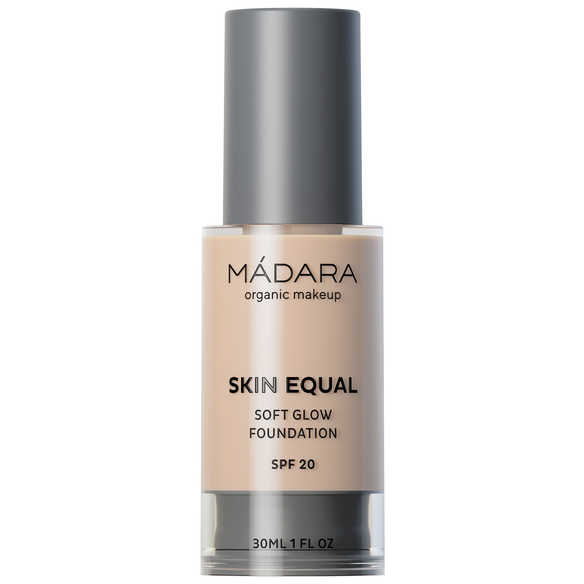 Mádara Skin Equal Soft Glow Foundation in einer 30 ml Flasche mit grauem Verschluss, sehr hell