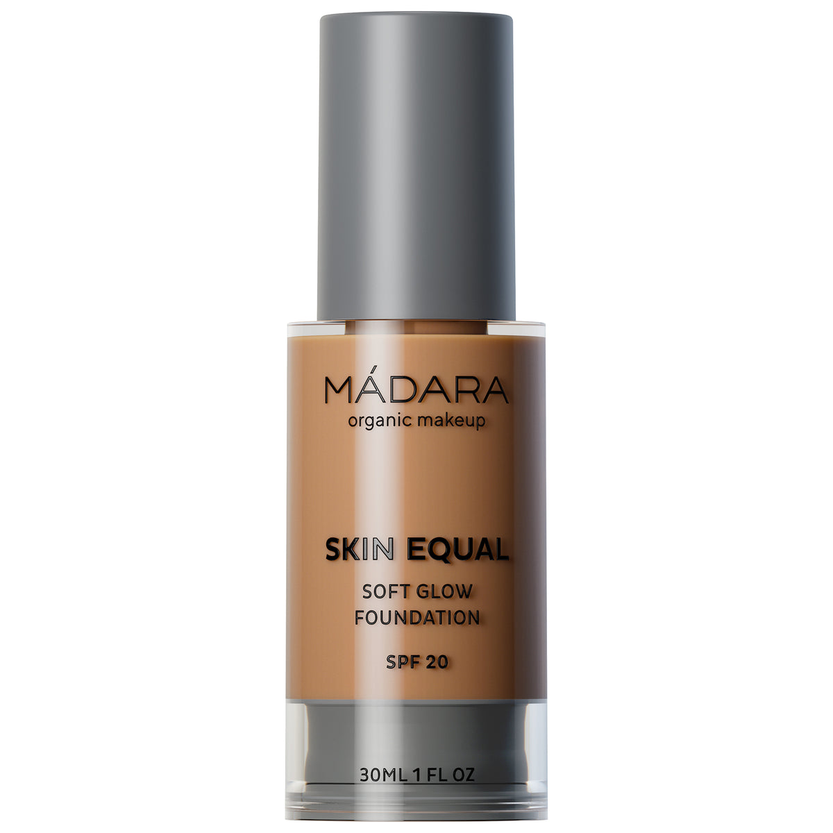 MÁDARA Skin Equal Soft Glow Foundation in einer Flasche mit grauem Verschluss, 30 ml.
