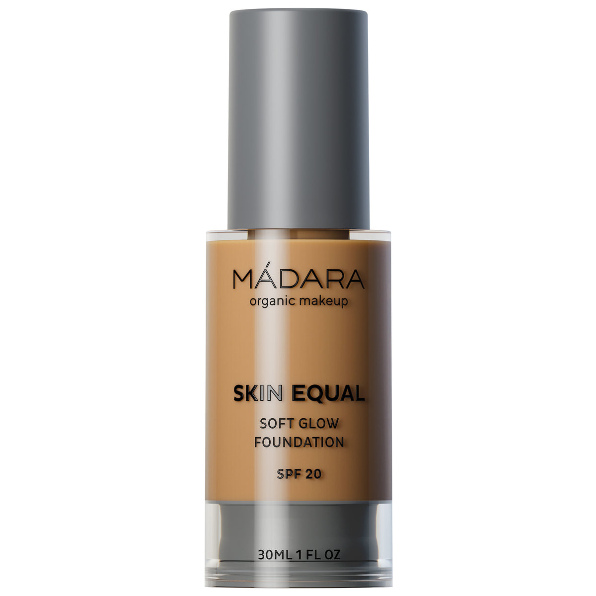 MÁDARA Skin Equal Soft Glow Foundation in einer Flasche mit grauem Verschluss, 30 ml.
