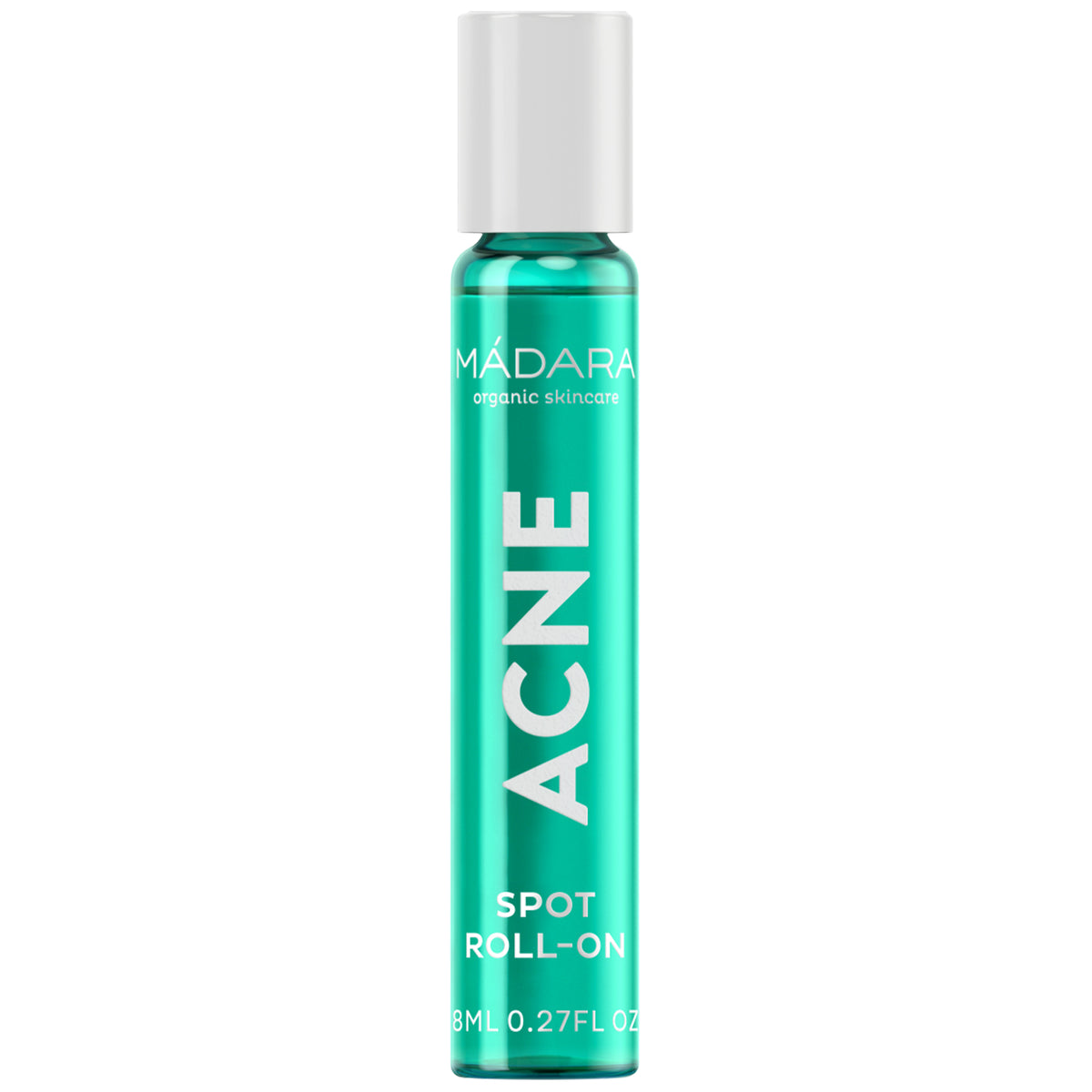 Mádara Acne Acute Spot Roll-on in einer grünen Glasflasche mit weißem Verschluss, 8 ml.