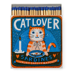 Catlover Matches – blue box with orange cat design, blue tips, white background – gift idea