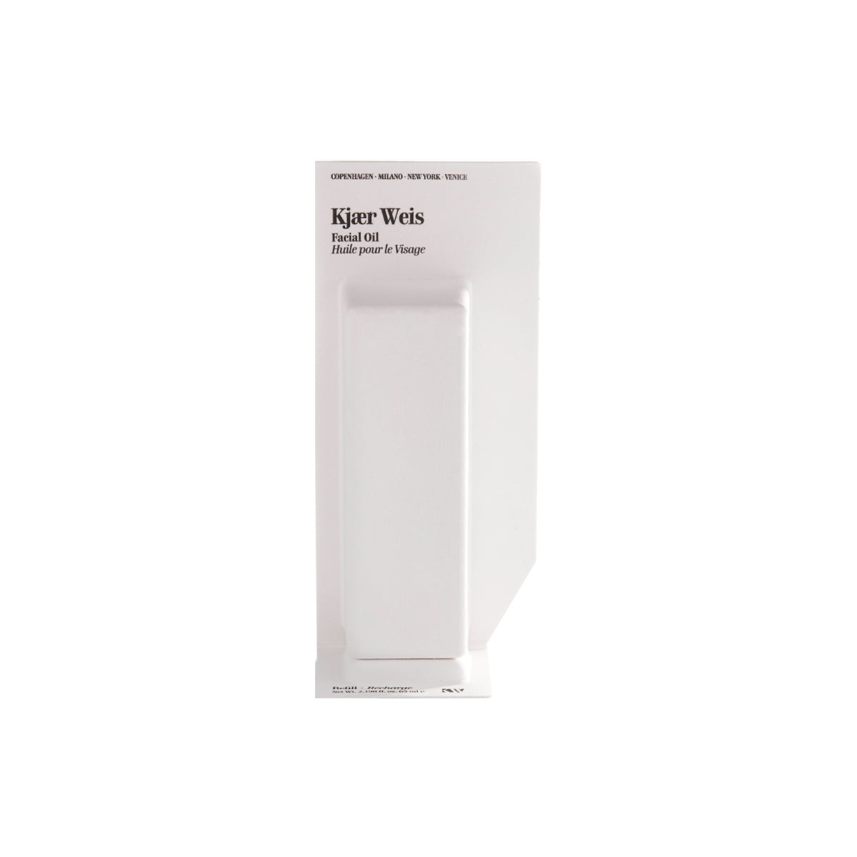 Kjær Weis Toner Nachfüllpackung – weißes Rechteck 60ml, minimalistisches Design auf weißem Hintergrund – Hautpflege